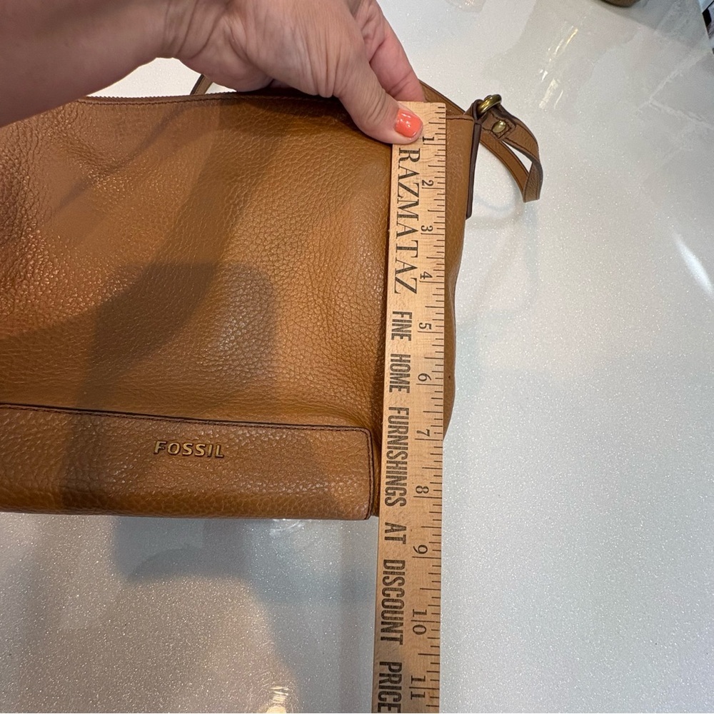 Fossil Tan Pebbled Leather Crossbody Bag  Minimalist Buckle Adjustable Strap - Picture 12 of 12
